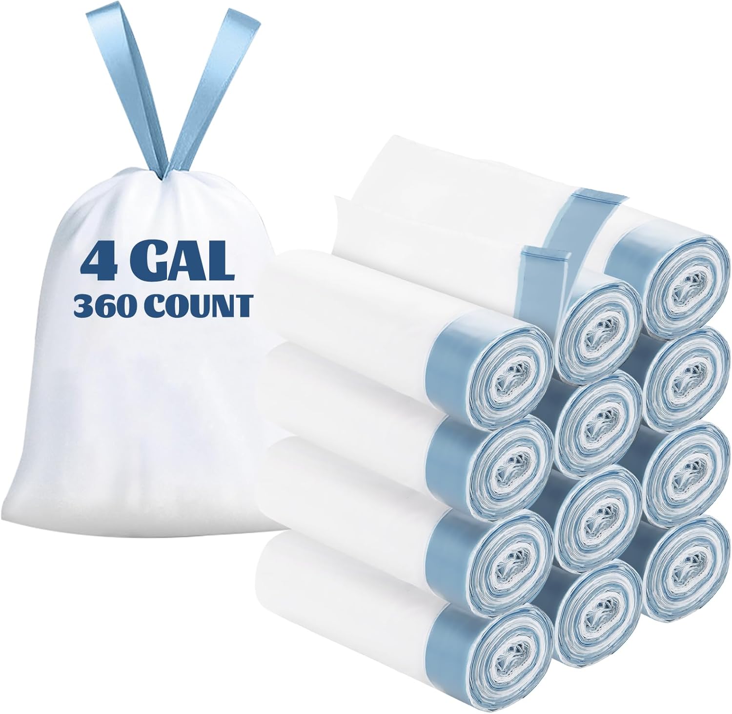 4 Gallon Trash Bags 360 Counts, Extra Thick Small Trash Bags for Bathroom and Office, Milky White Drawstring Trash Bag with Blue Handle, Leak-Proof HDPE Waste Basket Liners 12 Rolls