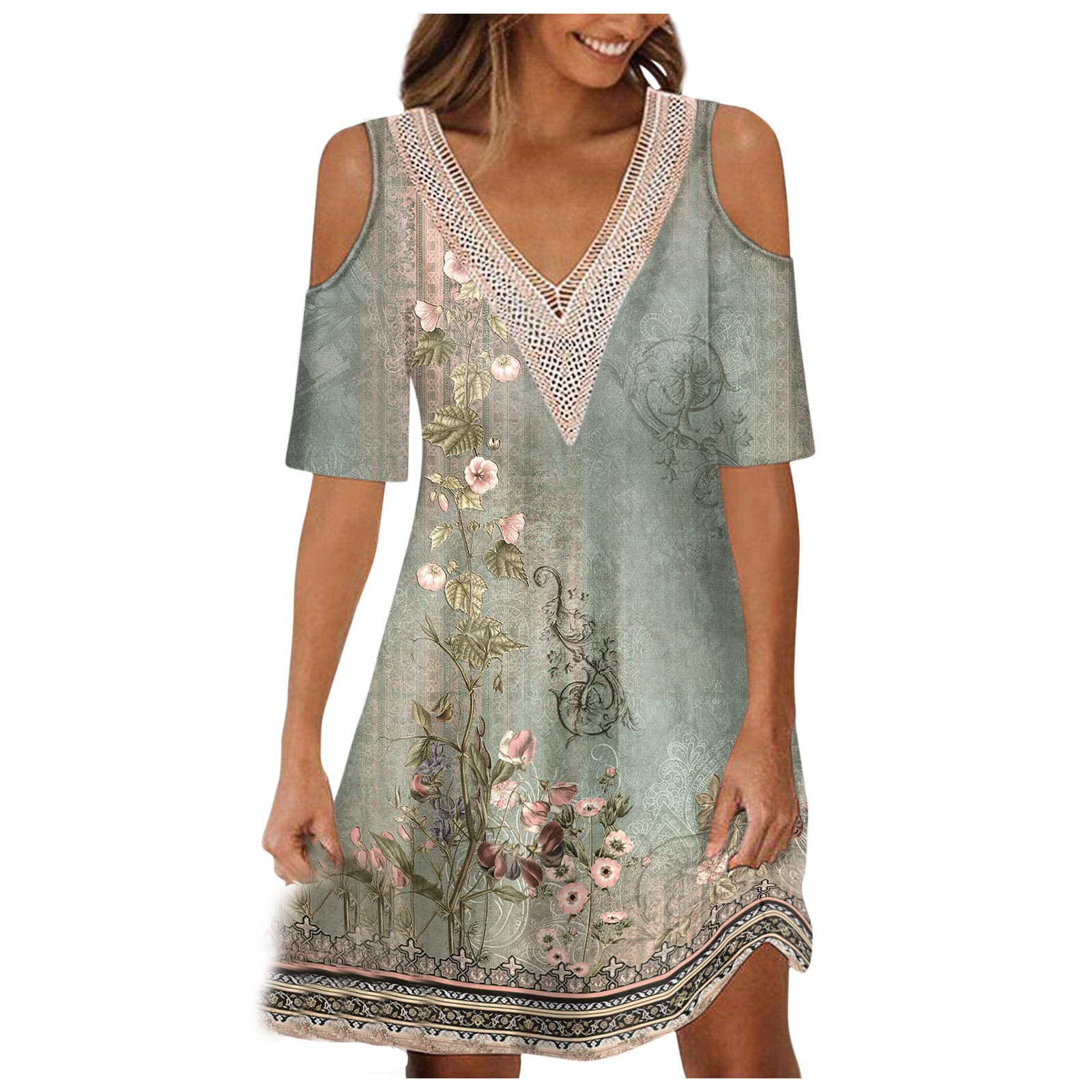 NUSGEAR 2023 Vestidos Corto Mujer Moda Verano Casual Vestido Impresión Fiesta Basic Vestidos un Hombro Manga Corta Cuello en V Cómodo Vestidos Elegante Vestido Playa Viaje