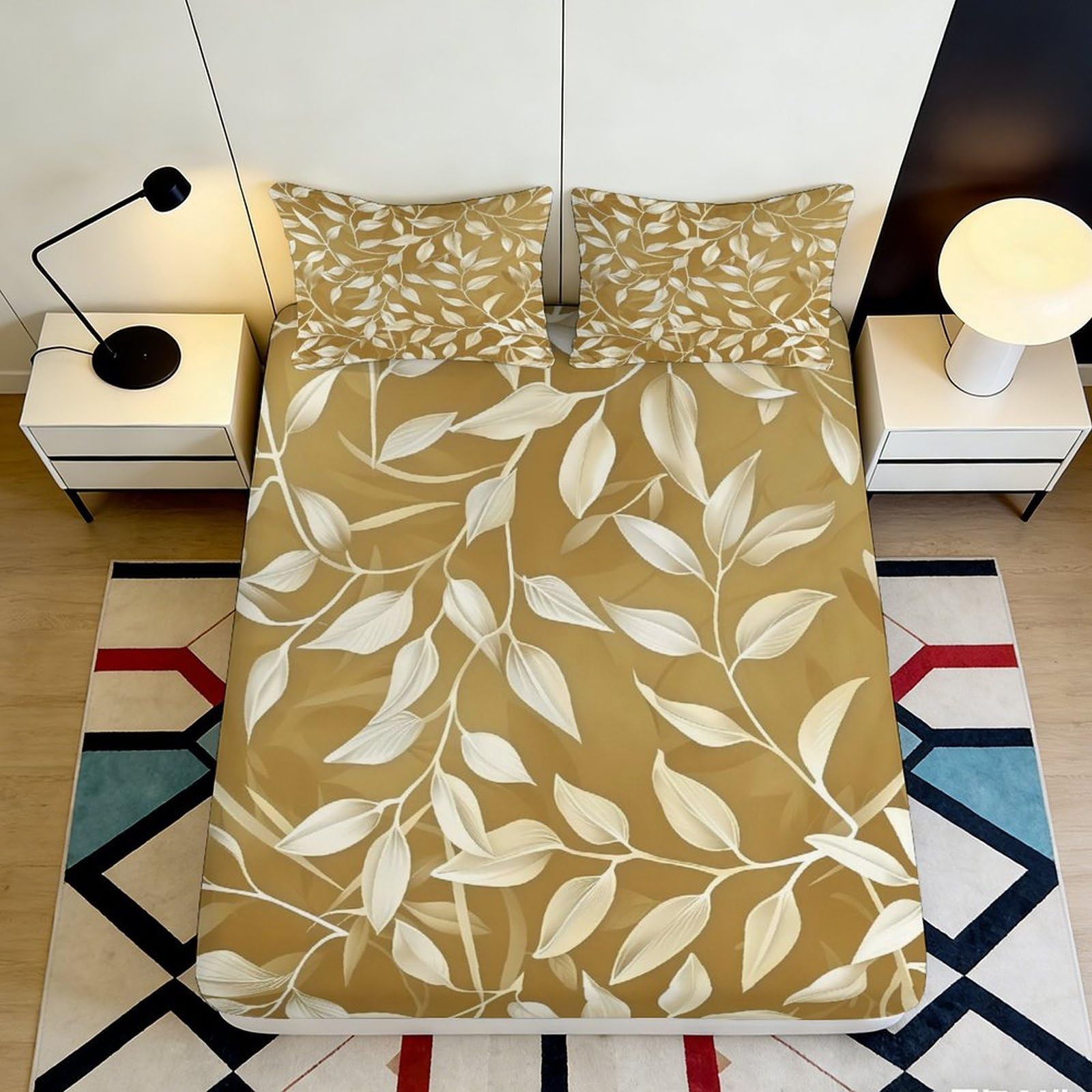 3D Printed Beige Leaf Pattern Fitted Sheet Microfiber Soft Breathable White Branch Bed Cover for Bedroom Dormitory Guest Room Mattress Protection 160x200x25cm
