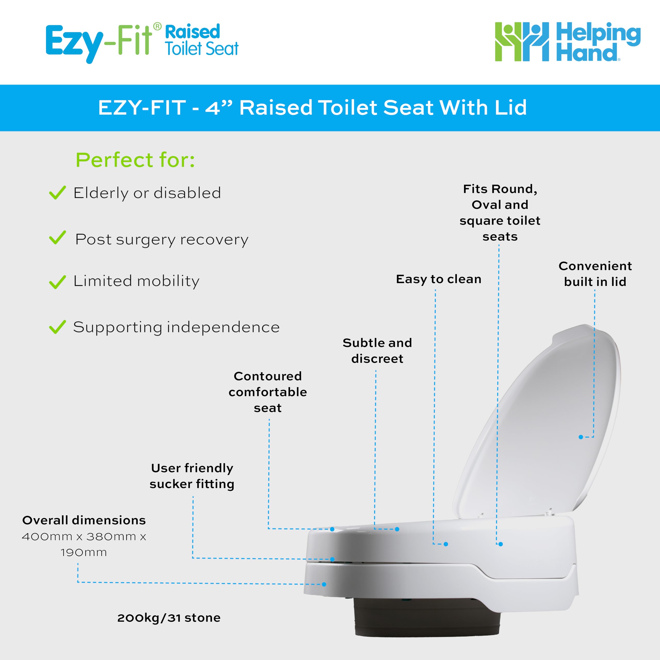 Helping Hand Company EZY-FIT - Rialzo per sedile WC con coperchio, per anziani e disabili, resistente, sicuro e portatile, universale, per WC rotondi e quadrati.