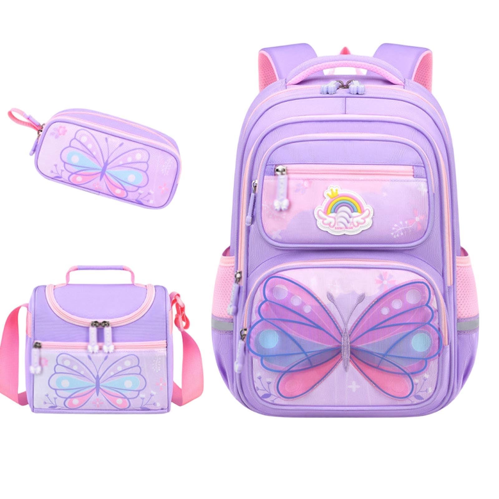Generico Set Zaino Scuola Bambina 3 Pezzi, Zaino Ergonomico Grande Capacità | Completo scolastico con fantasia farfalla, zaino ragazza leggero e salva schiena, ideale per scuola primaria e libri