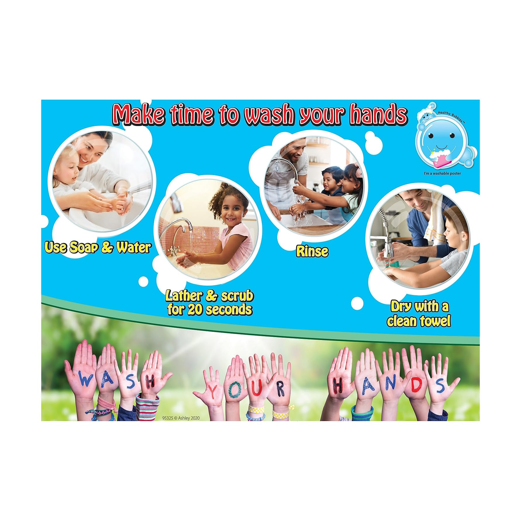 Ashley Productions Healthy Bubbles PosterMat Pals Smart Poly Space Savers Make Time to Wash Hands, 13" x 9.5"