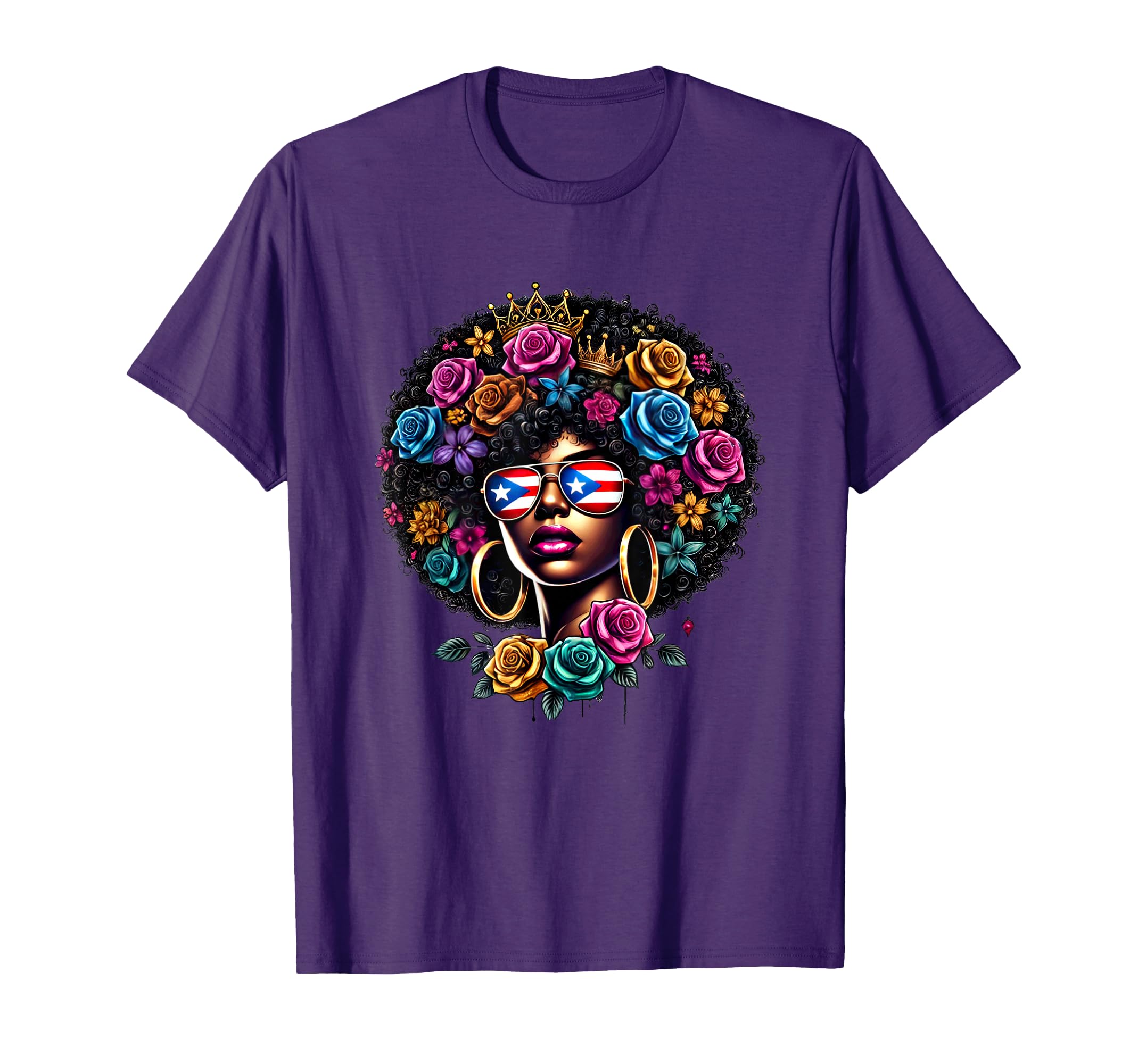 Afro Boricua Girl Flowers Hair Sunglasses Puerto Rican Flag T-Shirt