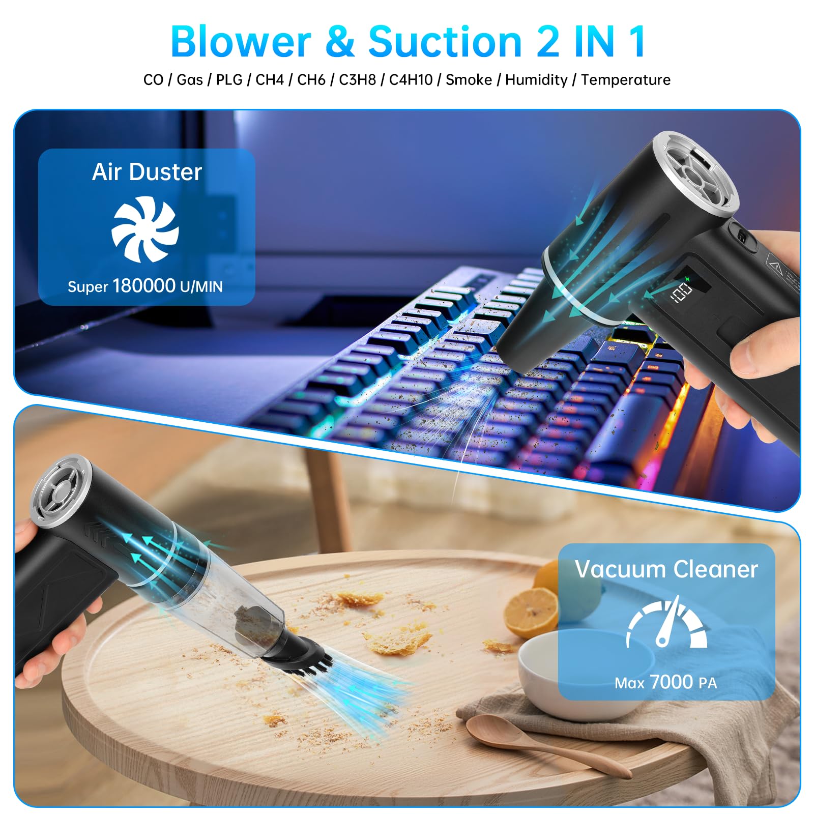 Elektrische Staubgebläse Druckluftspray 2-in-1-180000 U/min,100-Compressed Air Duster & Staubsauger - 8000mAh Akku Gebläse Druckluft mit Digital Display for PC Reinigungsset,Keyboard
