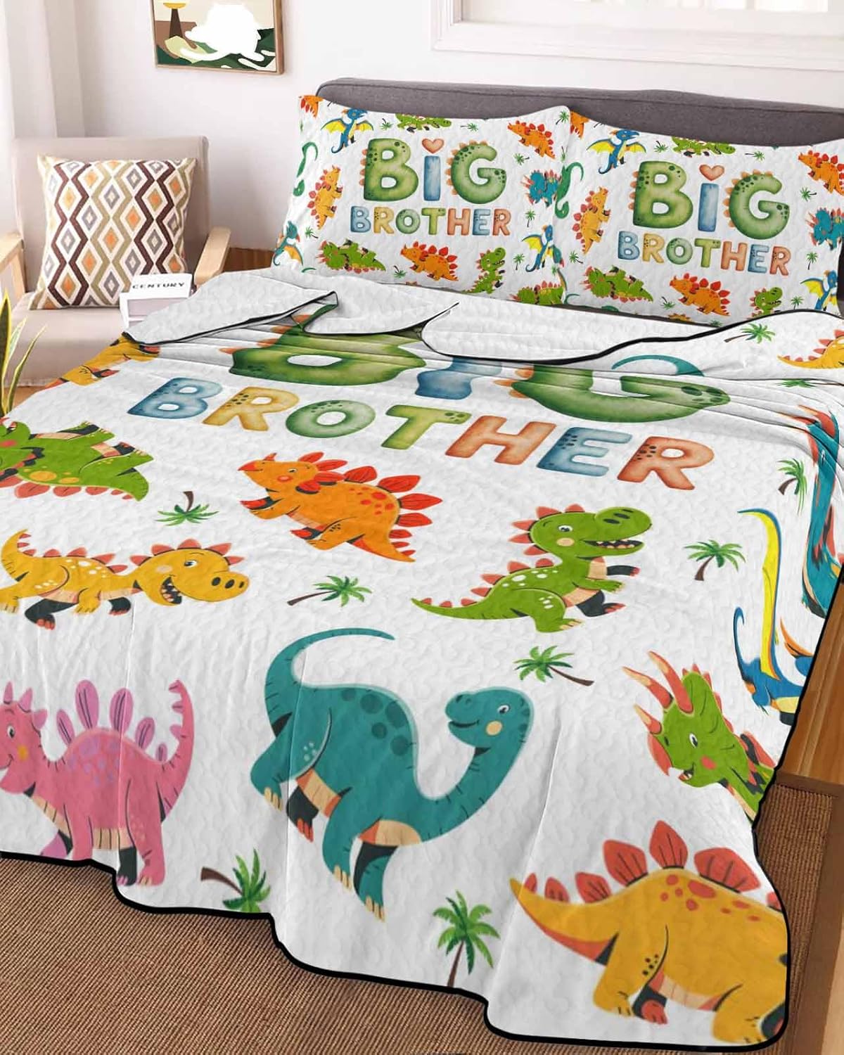 Twin Quilt Bedding Set, Cartoon Dinosaurs Lightweight Summer Quilt 3 Pieces Bedding Sets, Funny Dino Cute Boys Girls Children Reversible Soft Bedspreads Coverlets with 2 Pillow Shams for All Season