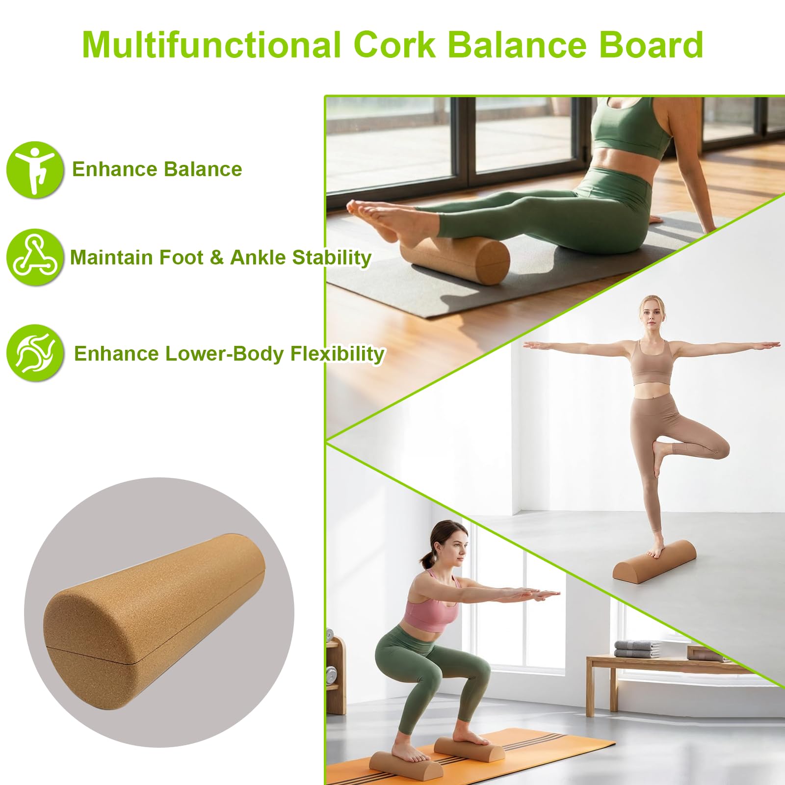 4 in 1 Kork Balance Board Set - Fußstärker & Knöchelstabilitätstrainer mit Roller, Massageball & Zehenbänder - Sturzprävention Kompaktes Wackelbrett für Heimphysio, Büro & Senioren