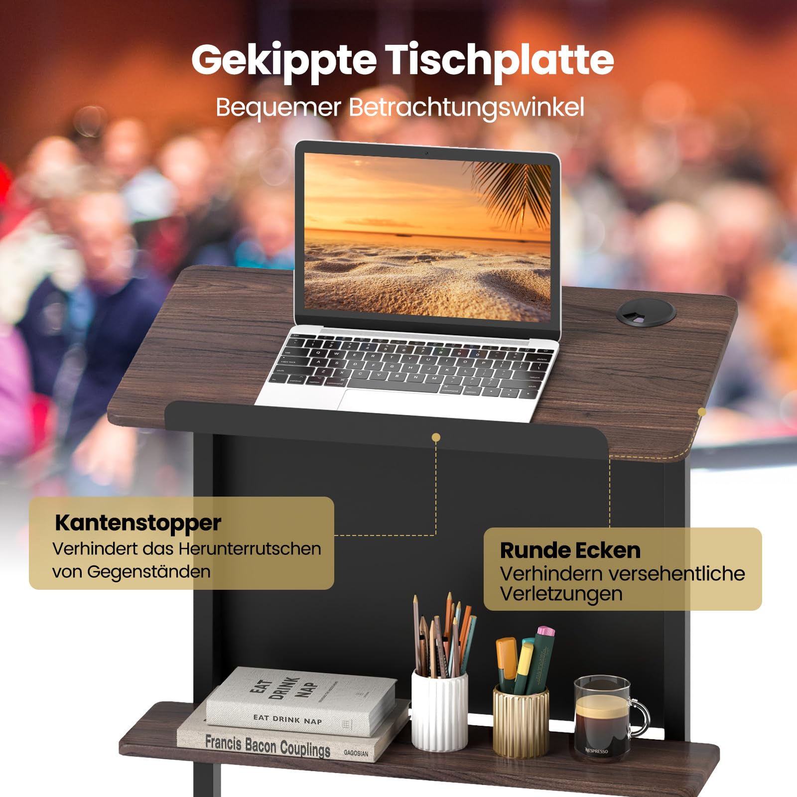 COSTWAY Mobilny pulpit stojący, mównica z regulacją wysokości z uchylnym blatem, półka i ogranicznik krawędzi, biurko do pisania, stolik stojący na kółkach, do biura domowego, orzech włoski