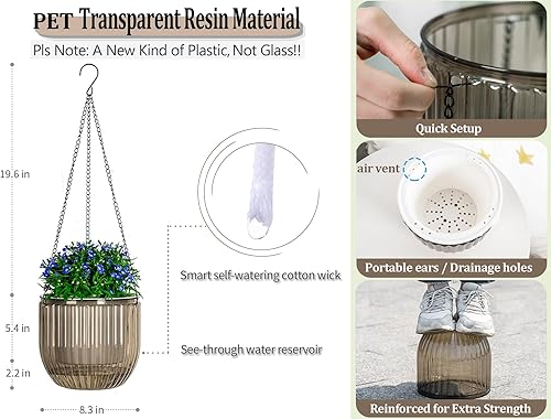 Miniatura 6 de Melphoe 1 paquete de macetas colgantes de riego automático para interiores, cesta colgante de 8.3 pulgadas para macetas colgantes al aire libre,