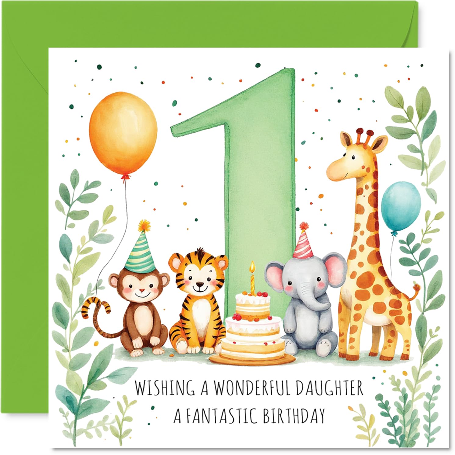 Playful 1st Birthday Card for Daughter - Joyful Animal Party Scene with Cake and Balloons - Bright Colours and Adorable Details - 145mm Square, Envelope Included