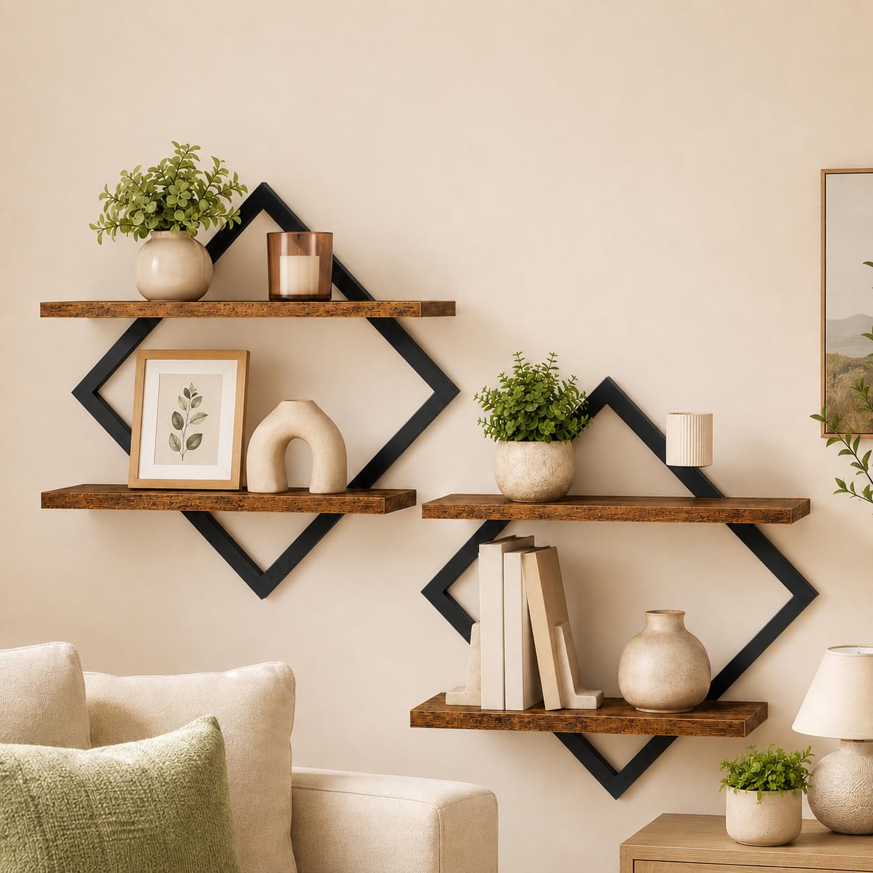 XQLY Set of 2 Floating Shelves, 2 Tier Rustic Wood Wall Mounted Shelves with Diamond Metal Frame, Decorative Hanging Storage Rack for Living Room Kitchen Bathroom