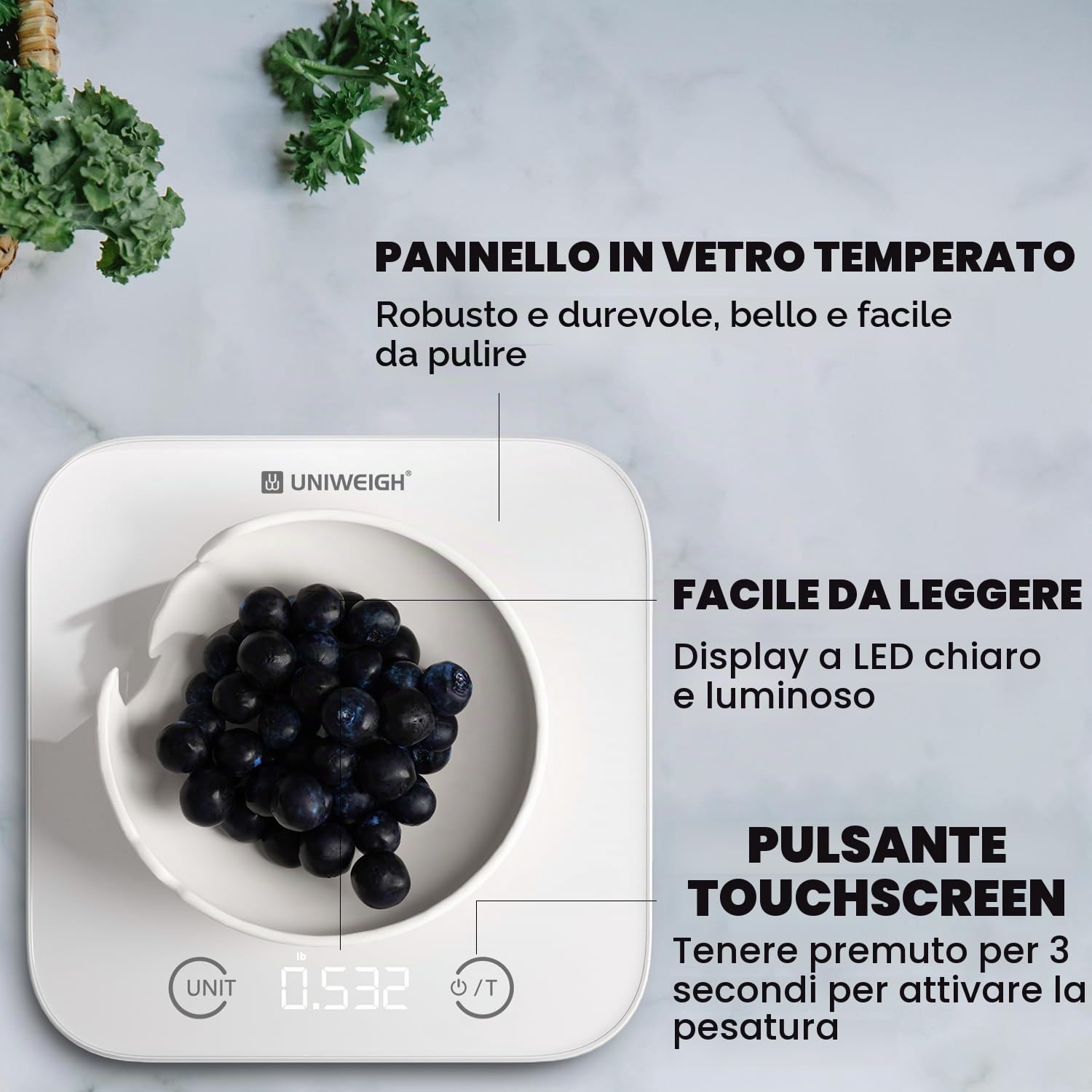 UNIWEIGH Bilancia alimentare digitale da cucina e da bagno per once e grammi11lb, bilancia per il peso corporeo 400lb, vetro temperato/pulsante a sfioramento/LCD, misurazione precisa del peso, bianco