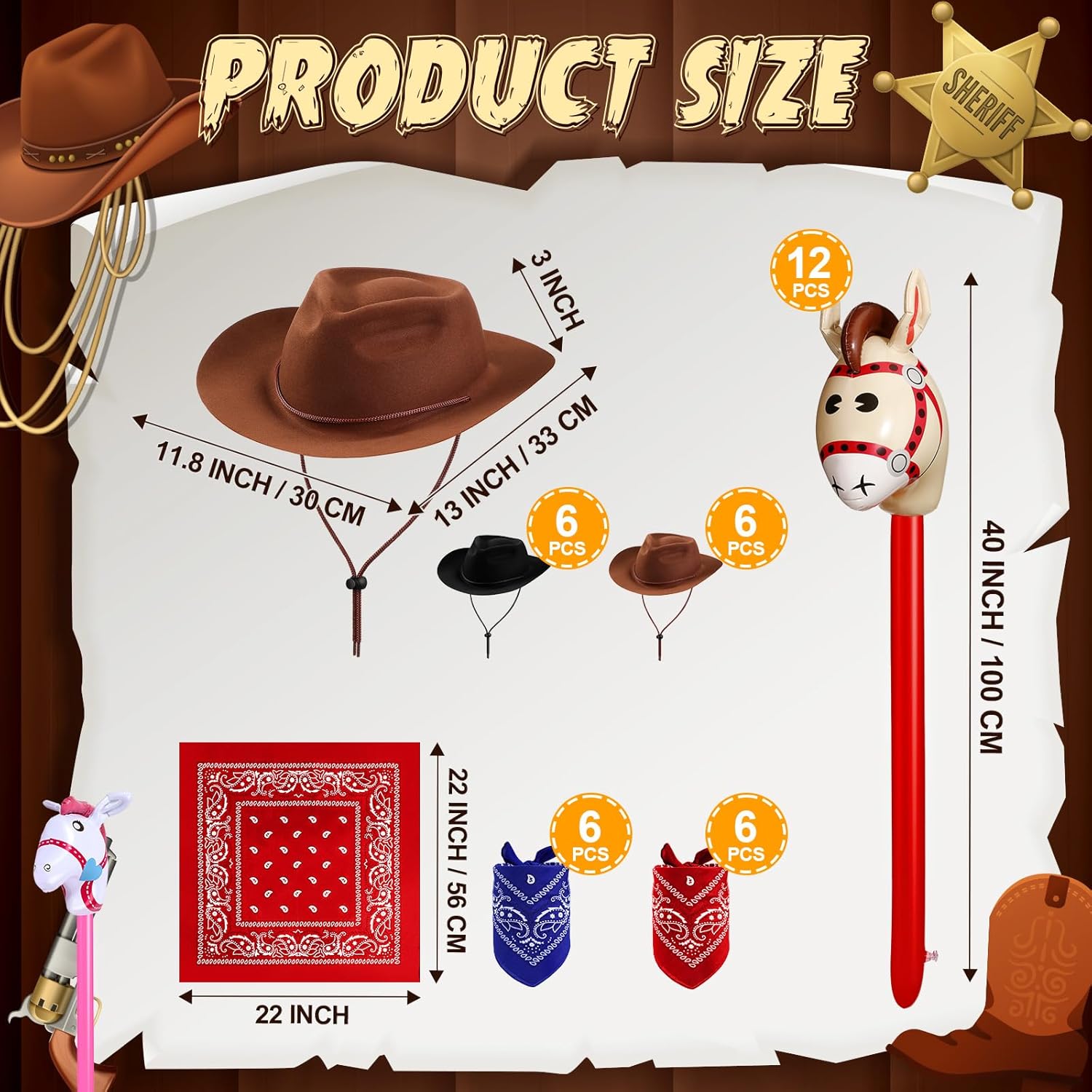 Xtinmee 36 Pcs Cowboy Party Costume Set, Cowboy Hats Paisley Bandanas Inflatable Stick Horses Kids Party Supplies