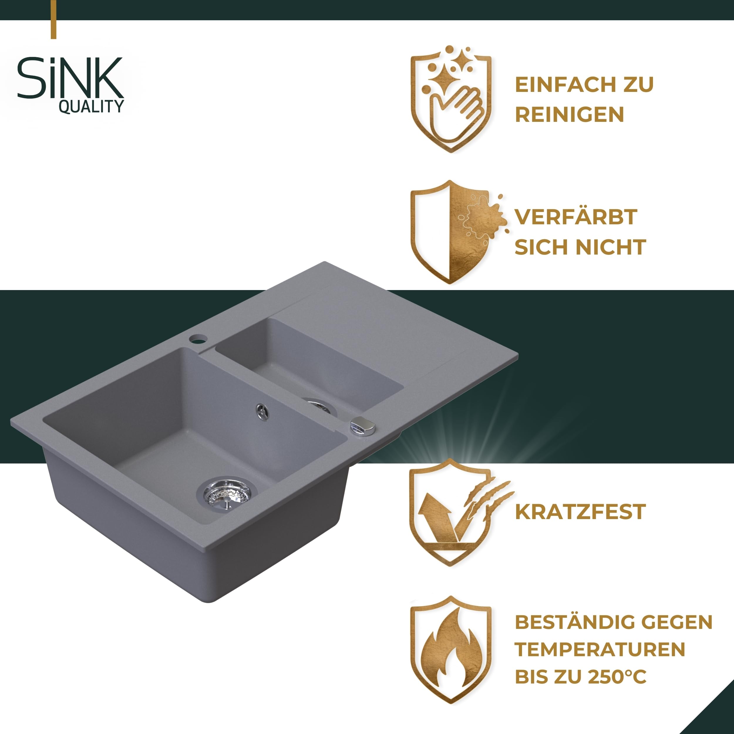 SINK QUALITY Spülbecken grau 79x50 cm, Granitspüle 1,5 Becken, Spüle mit Siphon und Imprägniermittel, Küchenspüle ab 50er Unterschrank