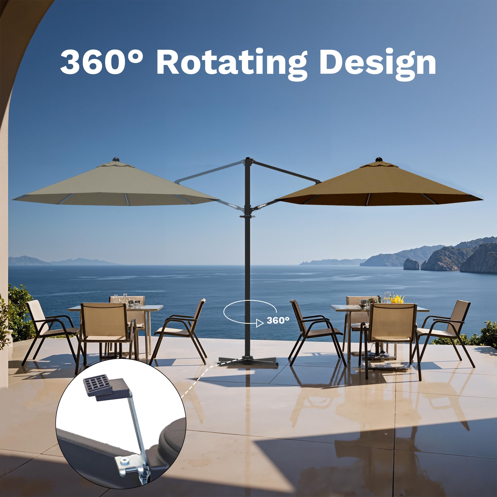 Devoko 10ft Cantilever Patio Umbrella, Round Large Outdoor Umbrella with 360-Degree Rotation, Hanging Offset Market Sun Umbrella, Easy Tilt and Heavy-Duty Frame, for Patio Backyard Garden, Brown