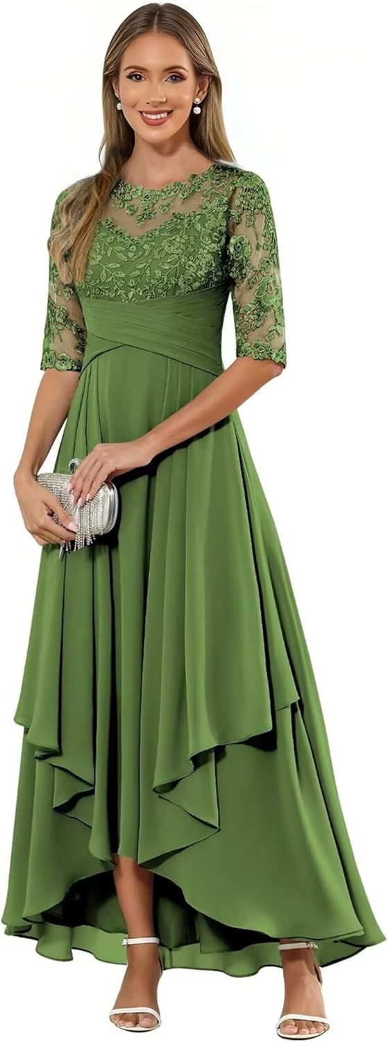 Tea Length Mother of The Bride Dresses for Women Half Sleeves Lace Appliques Aline Chiffon Formal Wedding Guest Dresses