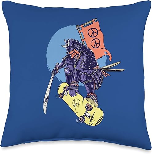 Samurai Skateboarding Retro Skater Skate Grunge Throw Pillow, 16x16, Multicolor