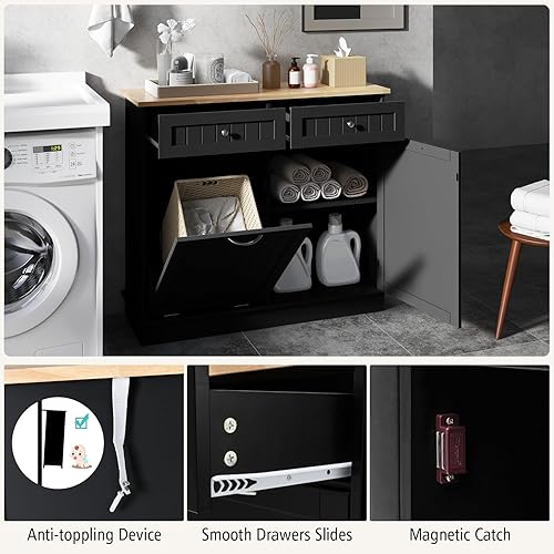 Miniatura 7 de Armario de basura inclinable, isla de cocina con 2 cajones y estante ajustable, encimera de madera de goma, cesta de lavandería independiente,