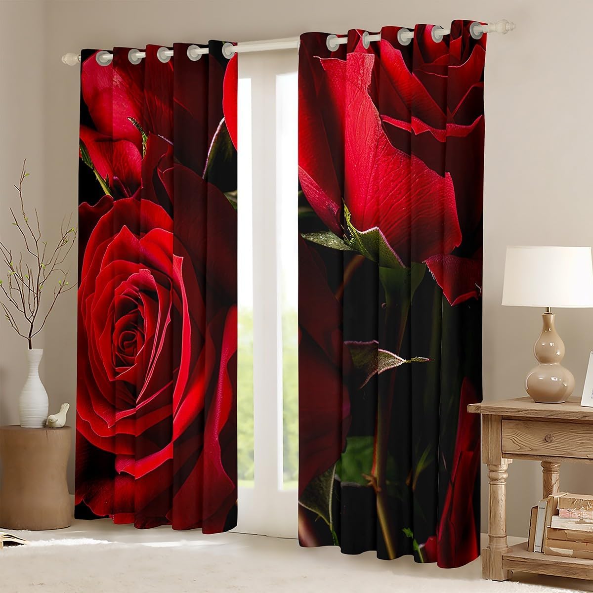 Rose Curtains for Bedroom Living Room Kids Rose Floral Flower Comter Blackout Curtains Garden Flowerative Darkening Dreapes Romantic Valentine's Day Red Window Treatments (2 Panels, 52 x 96 Inch)