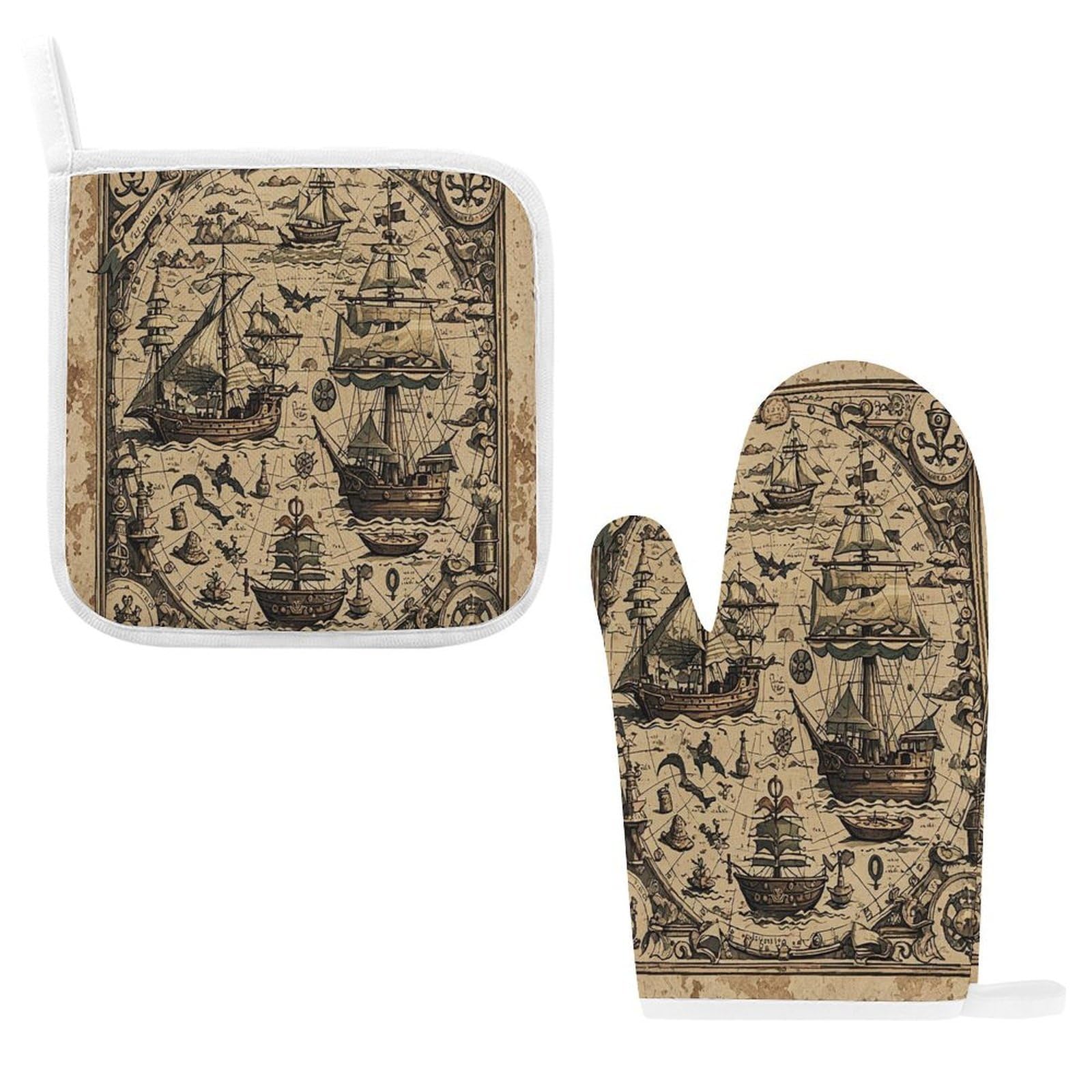 Fodpand Style Treasure Map Maritime Pirate Oven Mitts And Pot Holders Sets