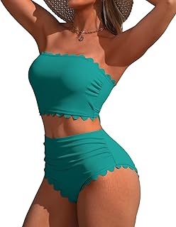 Charmo Strapless High Waisted Bikini Sets for Women Tummy Control Scallop Ribbed Bandeau Swimsuit Lace up Bathing Suits Price In India