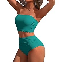 Charmo Womens Strapless High Waisted Bikini Sets Tummy Control Swimsuit | Ribbed Scalloped Bikinis,Removable Pads,Adjustable Straps,CrissCross Tie Back,Full Coverage