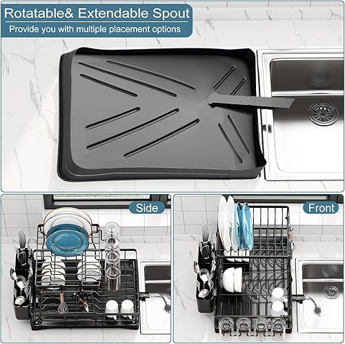 Miniatura 3 de Escurridor de platos, escurridor de platos para encimera de cocina, escurridor de platos de acero inoxidable con soporte adicional para esponja para
