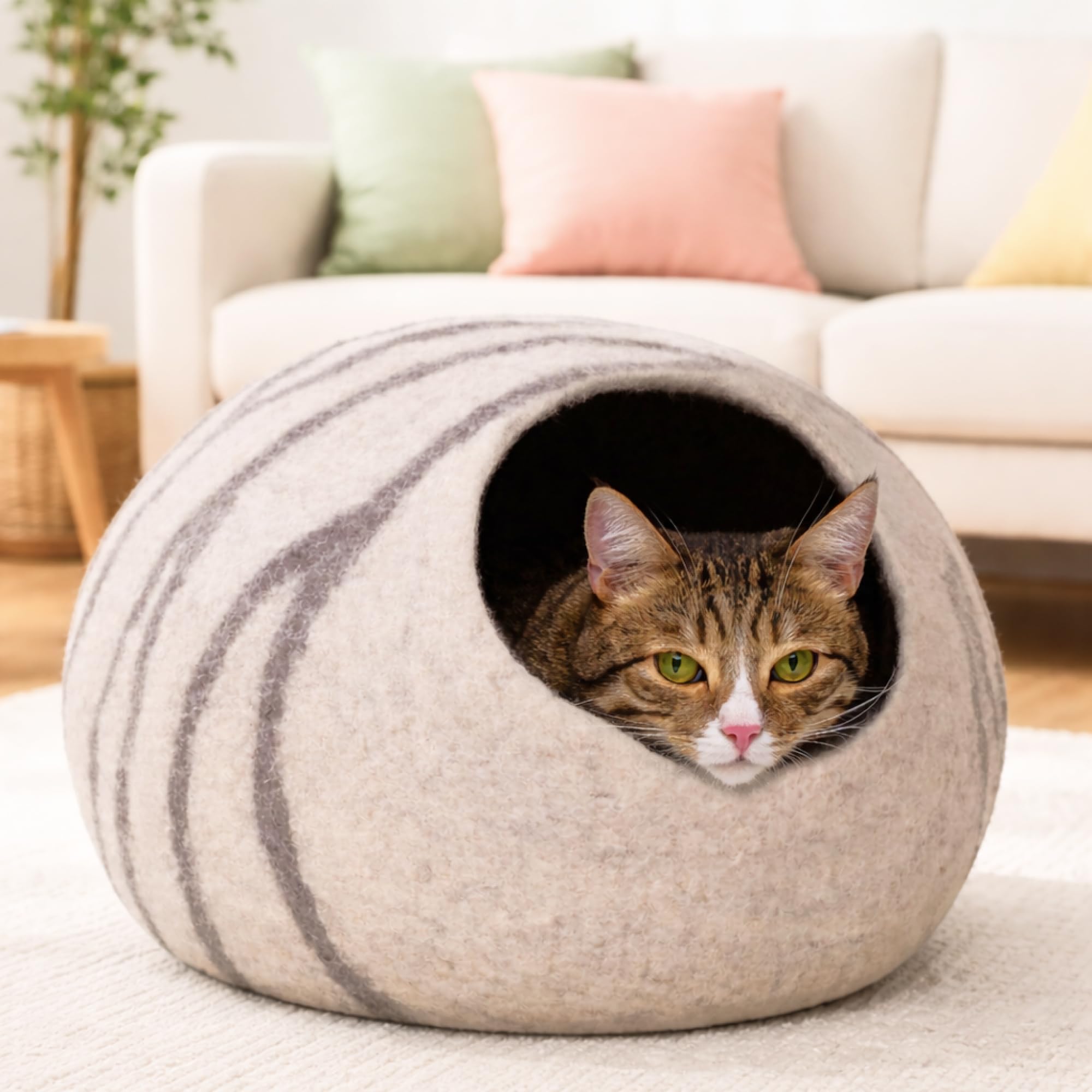 MEOWFIA Cuccia per gatti in feltro di alta qualità - Cuccia fatta a mano in lana merino per gatti e gattini (tonalità chiare) (medio, perla fumosa)