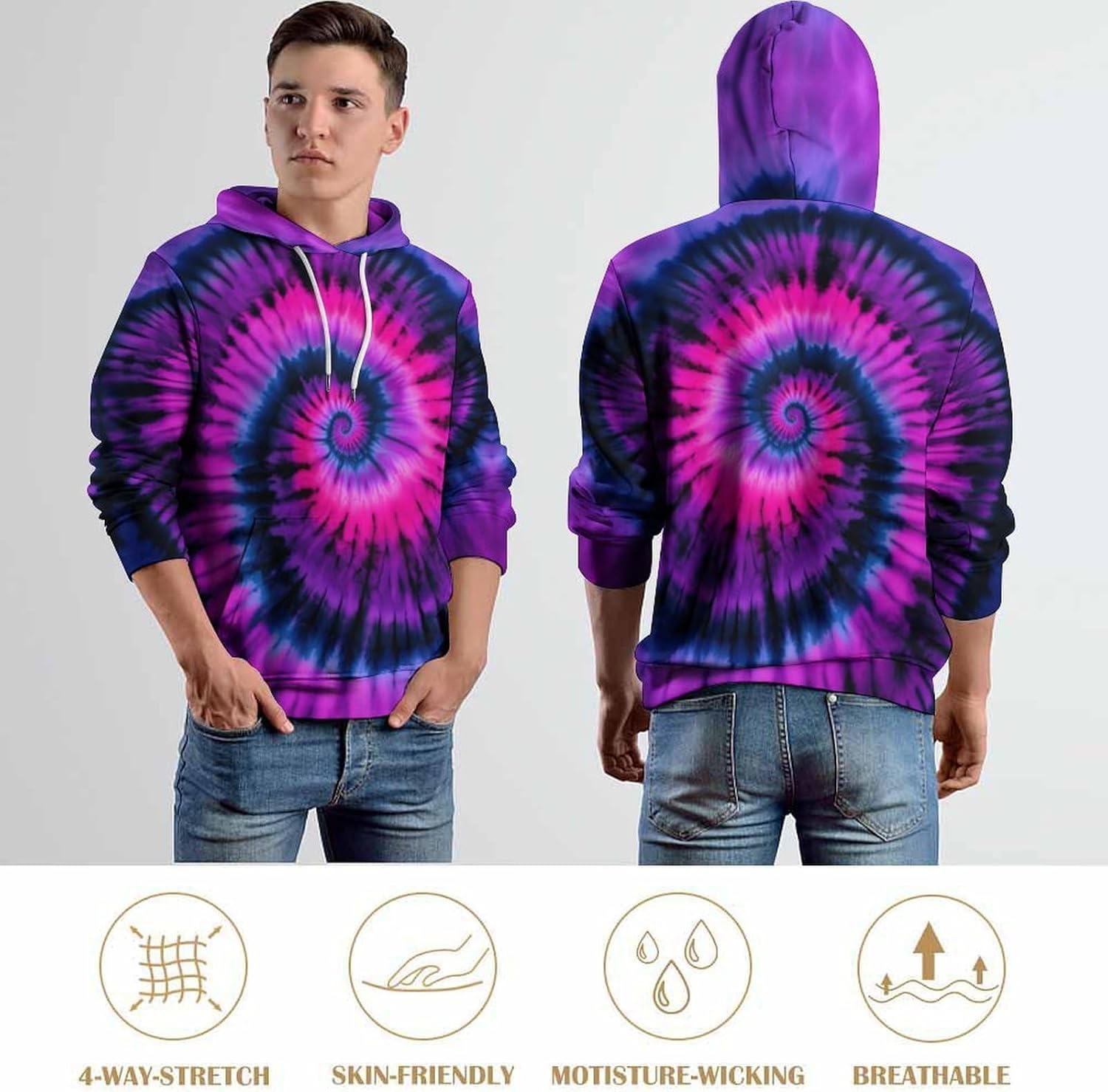 Mens Tie Dye Hoodies Unisex Rainbow Graphic Art Pullover Hoodie Sweatshirt - Image 6