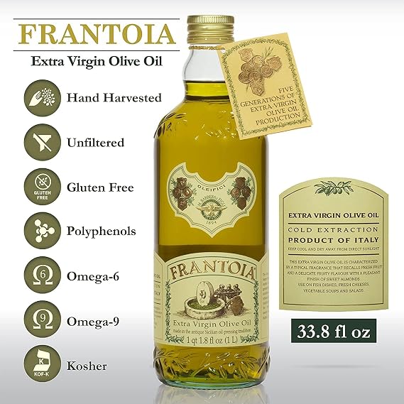 Frantoia Extra Virgin Olive Oil, 33.8 fl oz (1 Liter) Award-Winning Sicilian EVOO Made from Biancolilla, Nocellara del Belice & Cerasuola Olives Cold-Pressed within 24 Hours for Fresh, Fruity Flavor