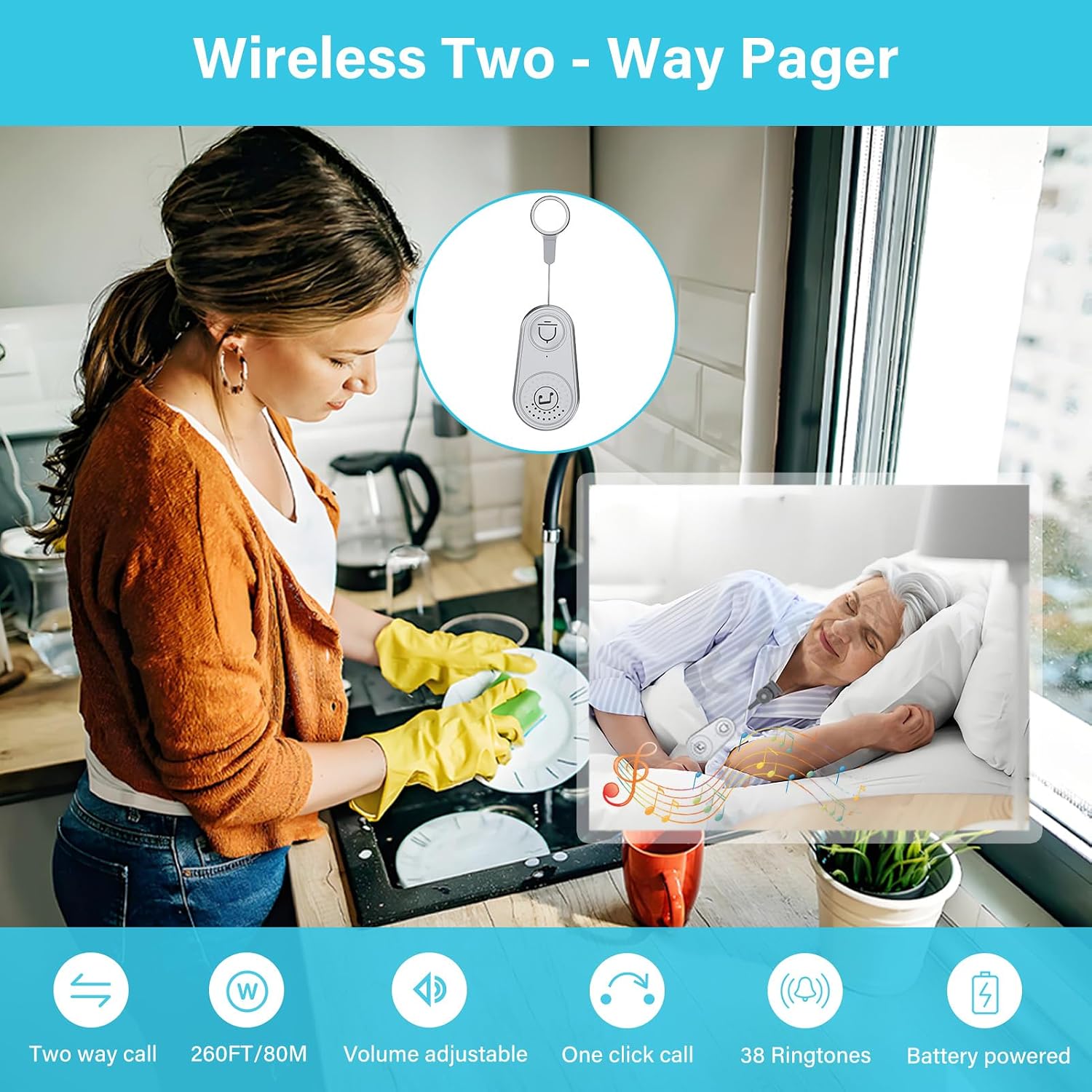 2-канальная система связи Caregiver Pager Call Button Elderly Wireless Call Button с регулируемой громкостью и множеством музыкальных опций для дома и офиса