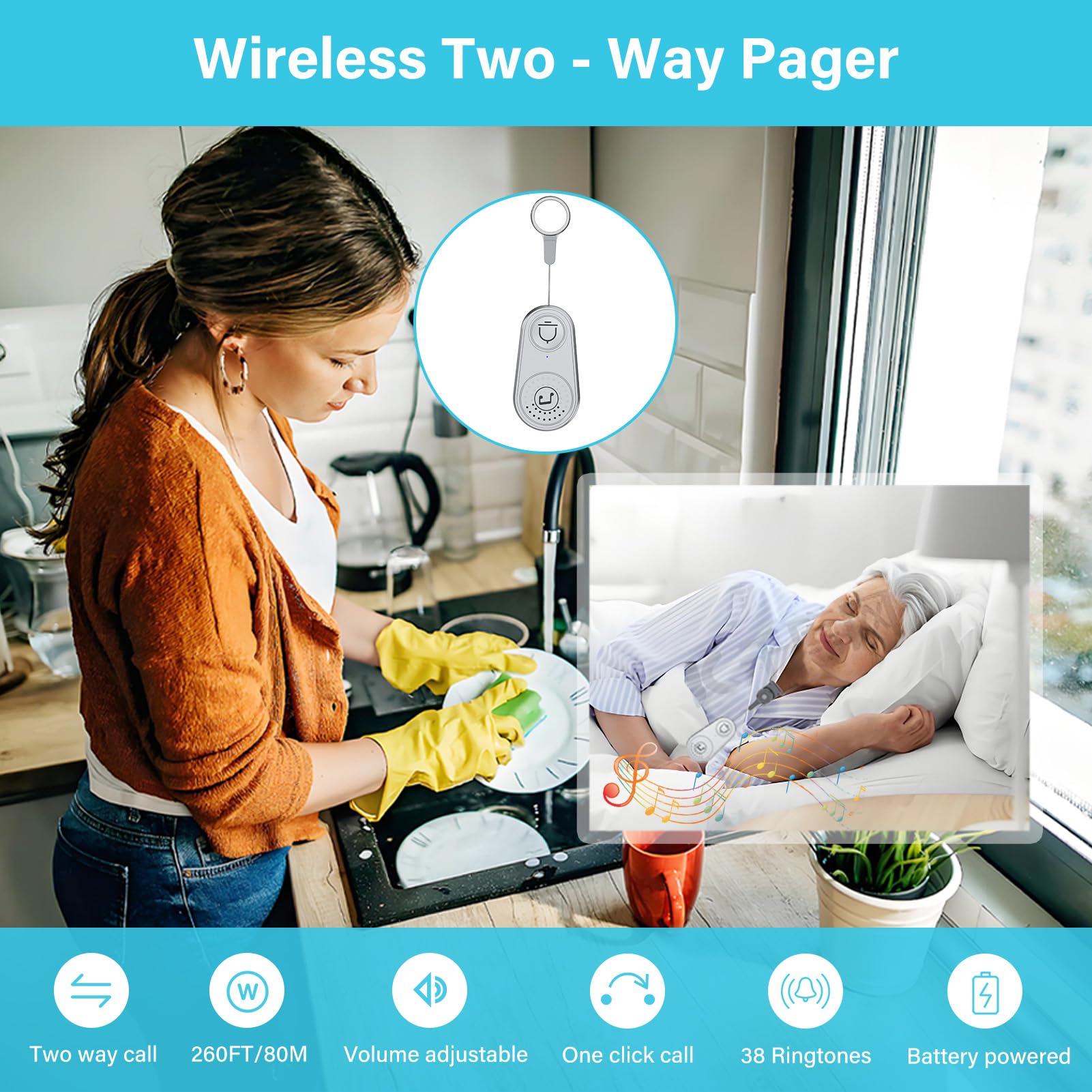 2-Kanal-Rufmaschine Caregiver Pager Call Button Elderly Wireless Call Button Einstellbare Lautstärke Mehrere Musikoptionen für Home Office