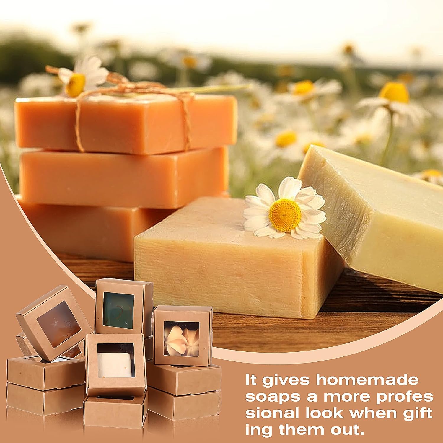 MAQUITA 100 Pcs Soap Packaging Boxes with Window Mini Kraft Paper Boxes Bulk Treat Favor Boxes Rectangle Gift Soap Boxes for Homemade Soap Making Cookies Candy Prese