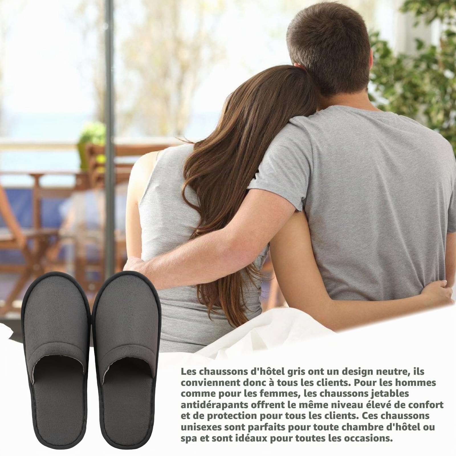 Lot de 15 paires de pantoufles d'hôtel grises : chaussons jetables antidérapants, confortables et respirants, ensemble de pantoufles d'invités, unisexes, pour