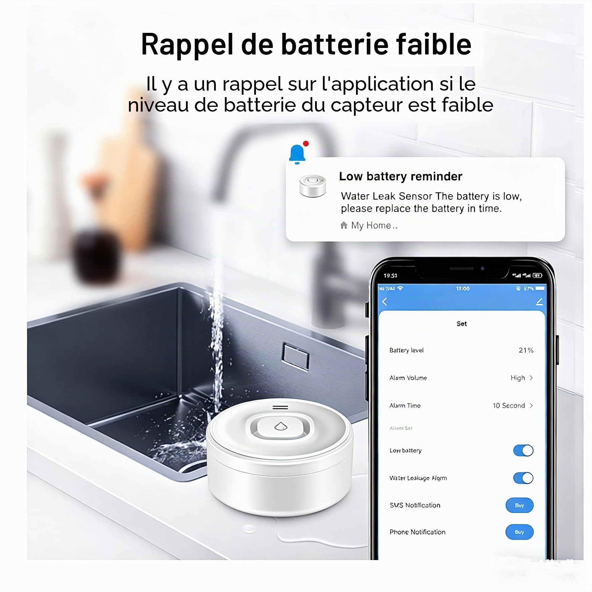 Détecteur de Fuite d'eau WiFi Intelligent avec Alarme 100dB et Notifications app, capteur pour Cuisine, Salle de Bain et Machine à Laver, 1 pièce