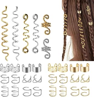Hair Cuffs for Braids & Dreadlocks,30pcs Hair Rings Jewelry for Women Braids Non-Piercing Ear Clip Beard Beads Cuffs Clip Loc Accessories, Halloween Decoration(Gold/Silver)
