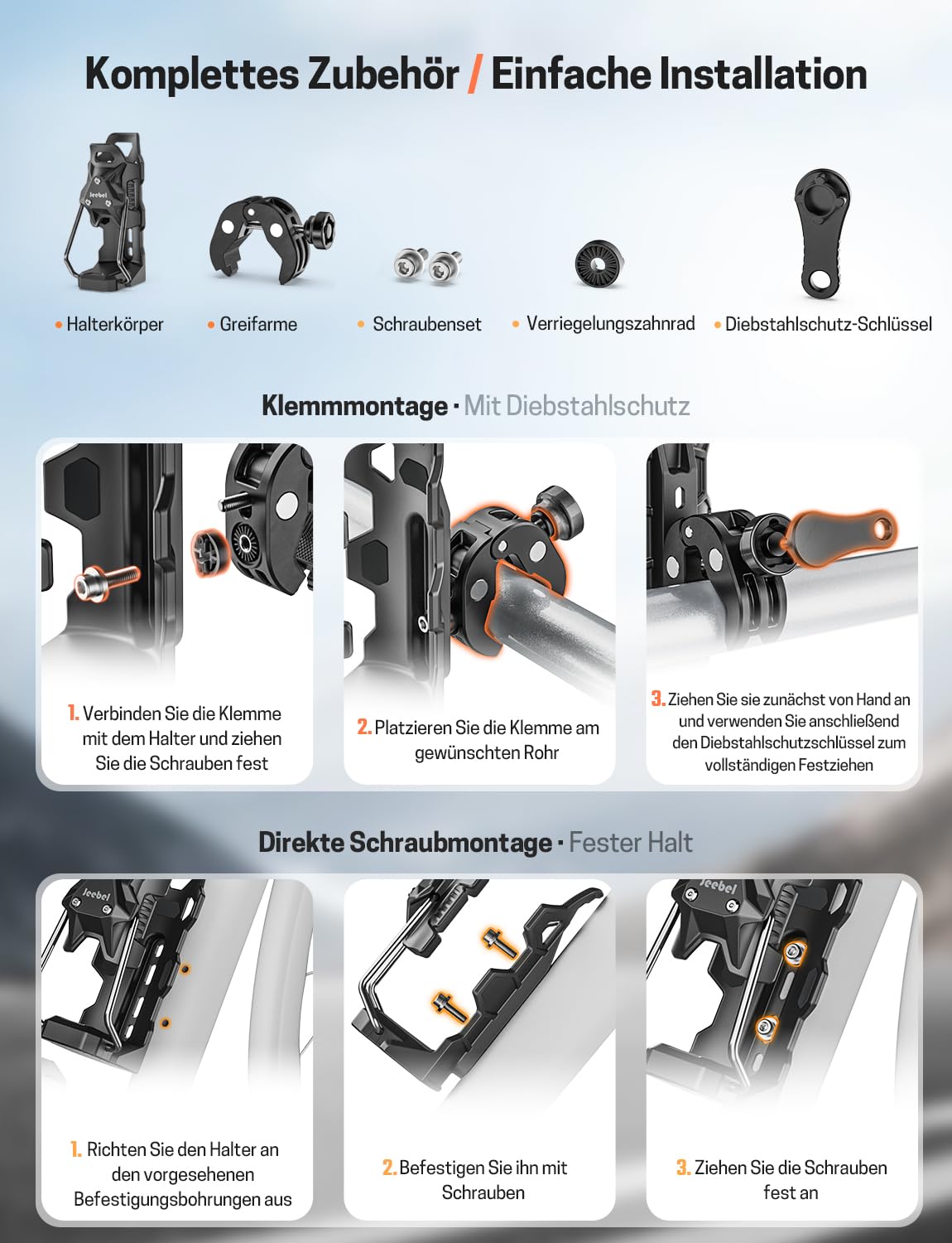 Jeebel Flaschenhalter Motorrad, Becherhalter Adaptiver Verriegelnder mit 12–45mm Anti-Diebstahl Metallklemme, Kompatibel mit 50–80mm Durchmesser Trinkflaschen, Getränkehalter für ATV Fahrrad Roller