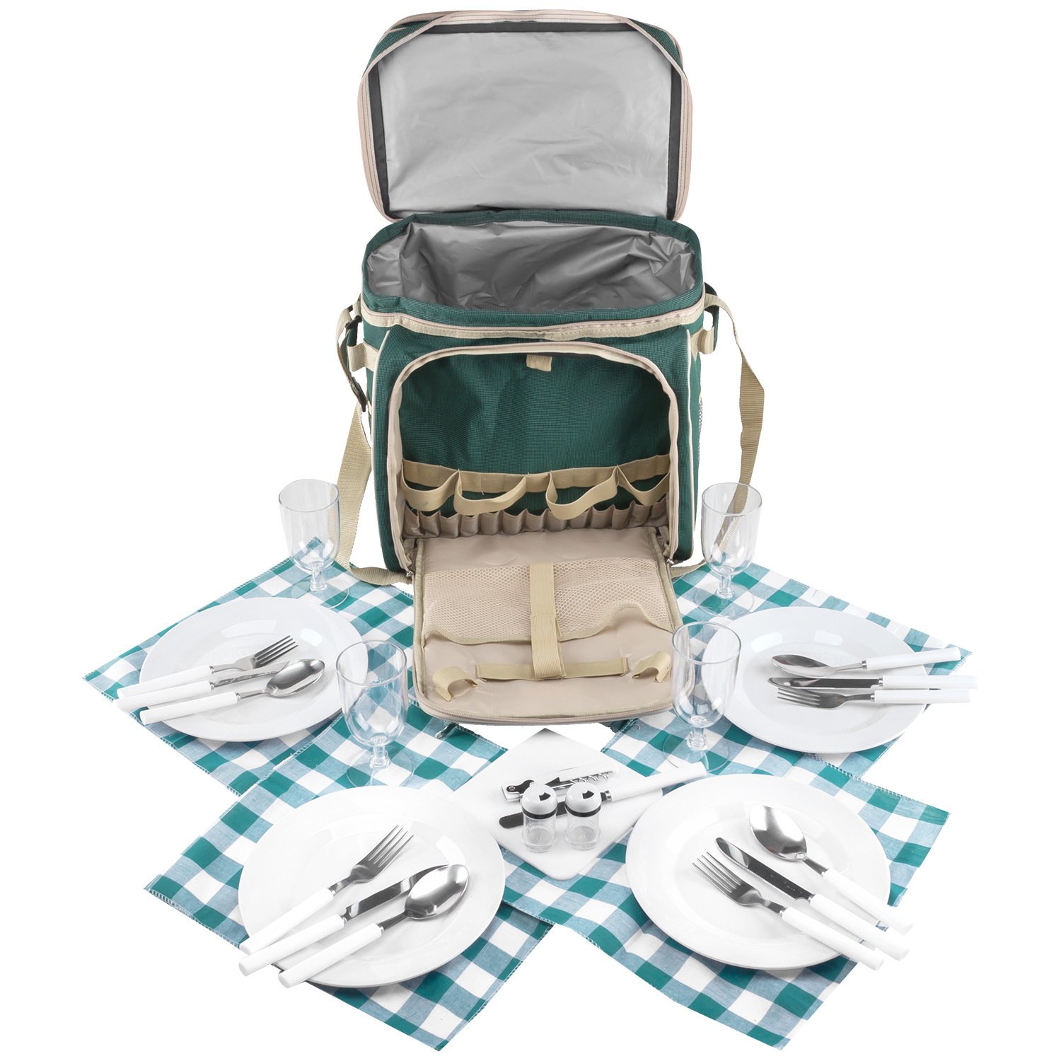 anndora Picknicktasche grün beige Kühltasche inkl. Zubehör 4 Personen 29 Teile