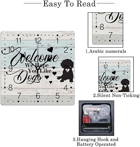 Miniatura 7 de Reloj de pared de PVC con texto en inglés "Welcome We Hope You Like Dog", reloj de pared colgante de perro salchicha perro de 10 pulgadas, cuadrado,