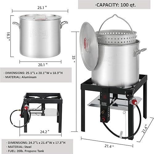 Miniatura 3 de 100QT - Olla de ebullición de aluminio de propano para exteriores con canasta, cangrejo al vapor, hervir cangrejos, olla para hervir mariscos,
