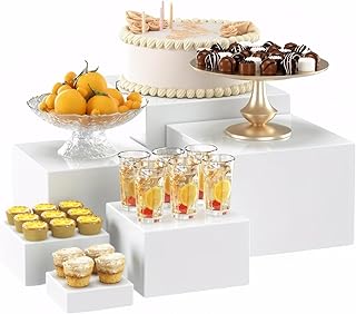 SESLEL White Acrylic Display Risers Set of 6, Square Pedestal Stand for Perfume, Cake, Jewelry, Table Decor or Retail Show...