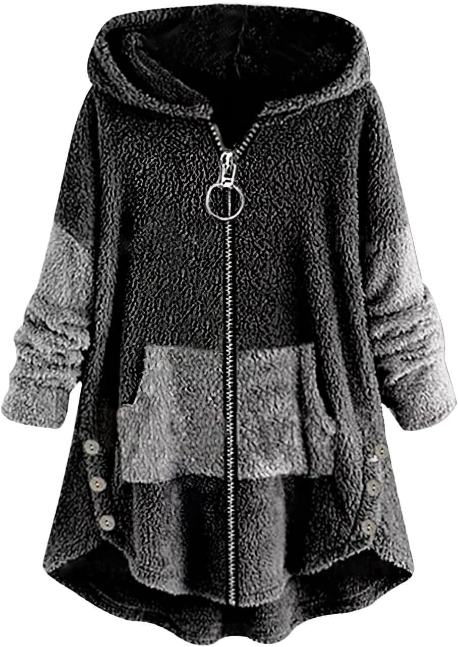 Akivide Women's Oversized Zip Up Sherpa Hoodie Fuzzy Fleece Jacket Cat Kitty Print Lightweight Faux Shearling A Line Coat