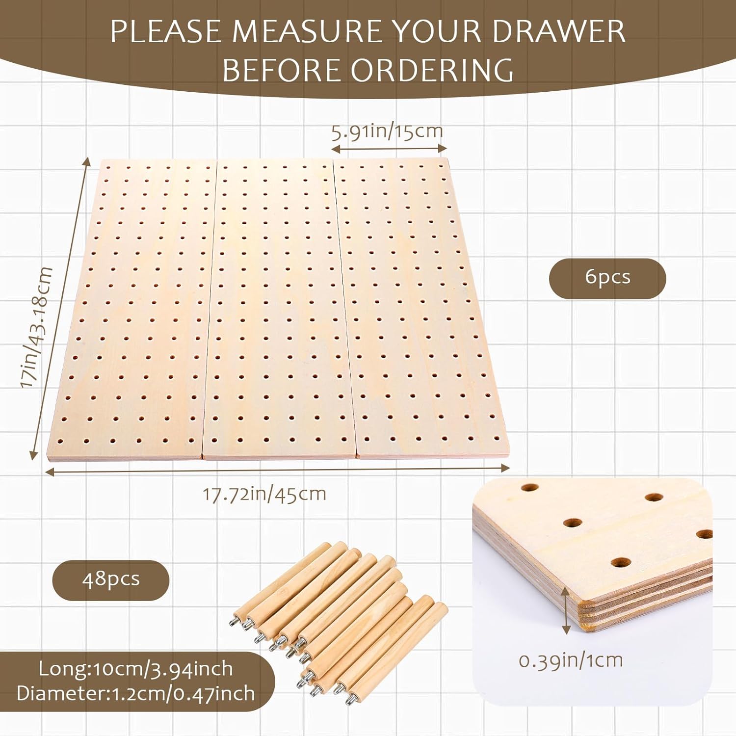 6 Pcs Wood Pegboard Drawer Organizer with 48 Pegs, Wooden Peg Board Drawer Shelf Organizer Adjustable Peg Drawers Organizers for Kitchen Dishes Plate Pegboard Food Containers(17x5.91, Wood)