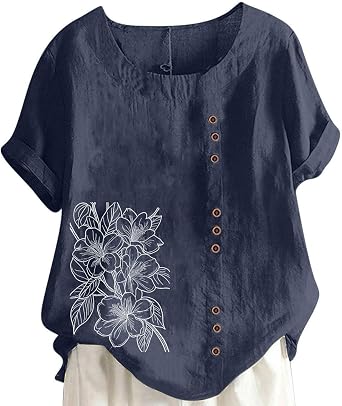 Linen Tops for Women Plus Size Summer Tops Boho Short Sleeve Blouses Button Down Floral Shirts Beach Vacation Clothes