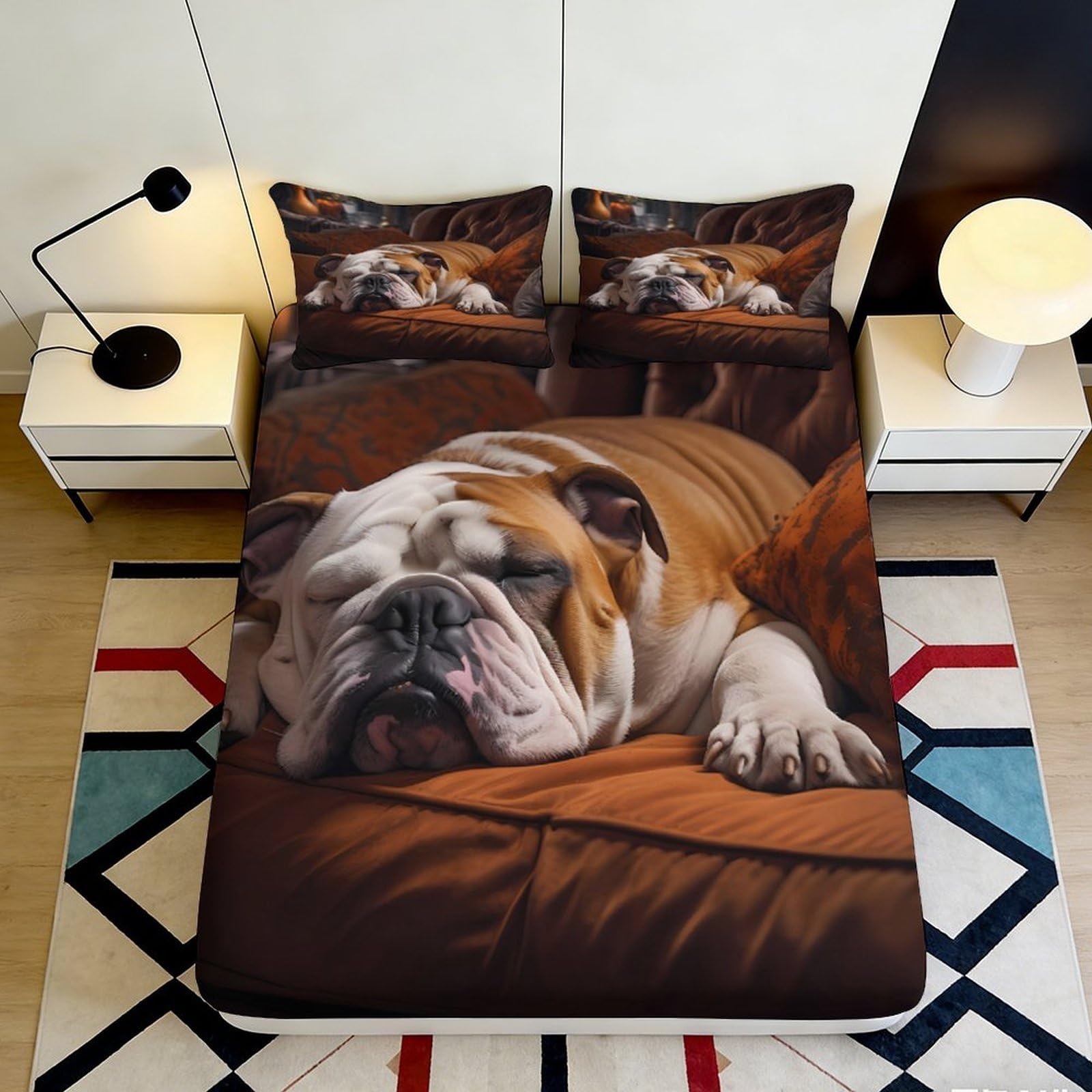 3D Printed Sleeping Bulldog Fitted Sheet Microfiber Anti-Slip Orange Dog Bed Cover for Bedroom Dorm Machine Washable 160x200x25cm
