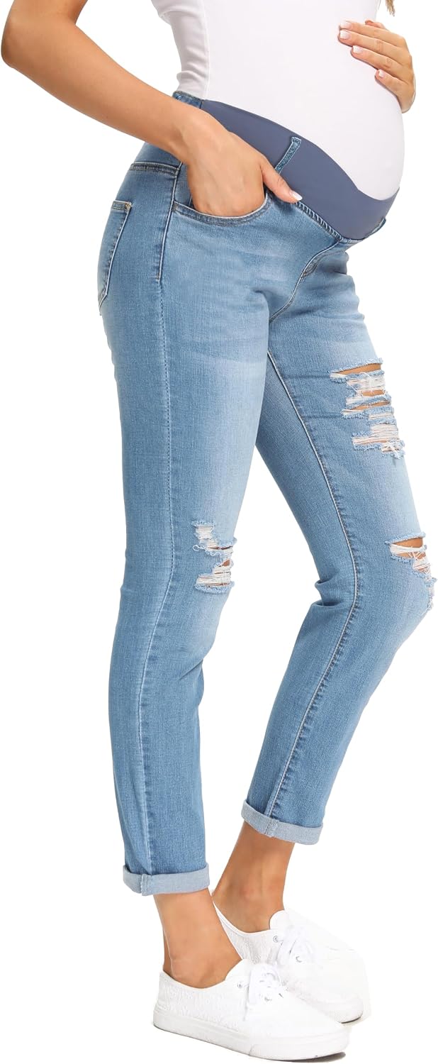 Foucome Women's Maternity Jeans Stretch Ripped Boyfriend Jeans | Under Belly, Straight Leg, Distressed, Pregnancy Denim Pants with Pockets