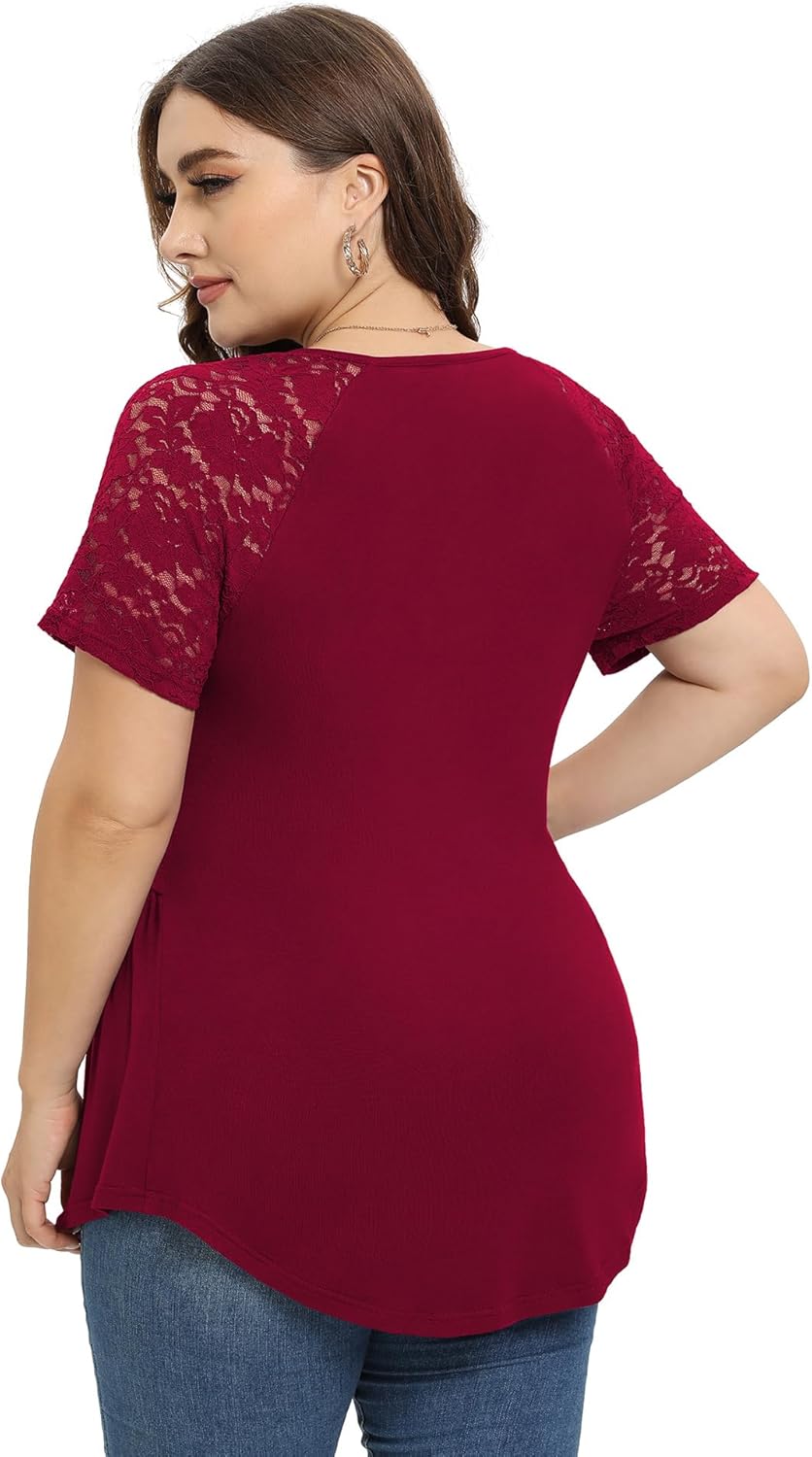 TIANZHU Women Plus Size Top Short Sleeve Wrap Lace Dressy Shirt Sexy Low Cut Babydoll Blouses - Image 3
