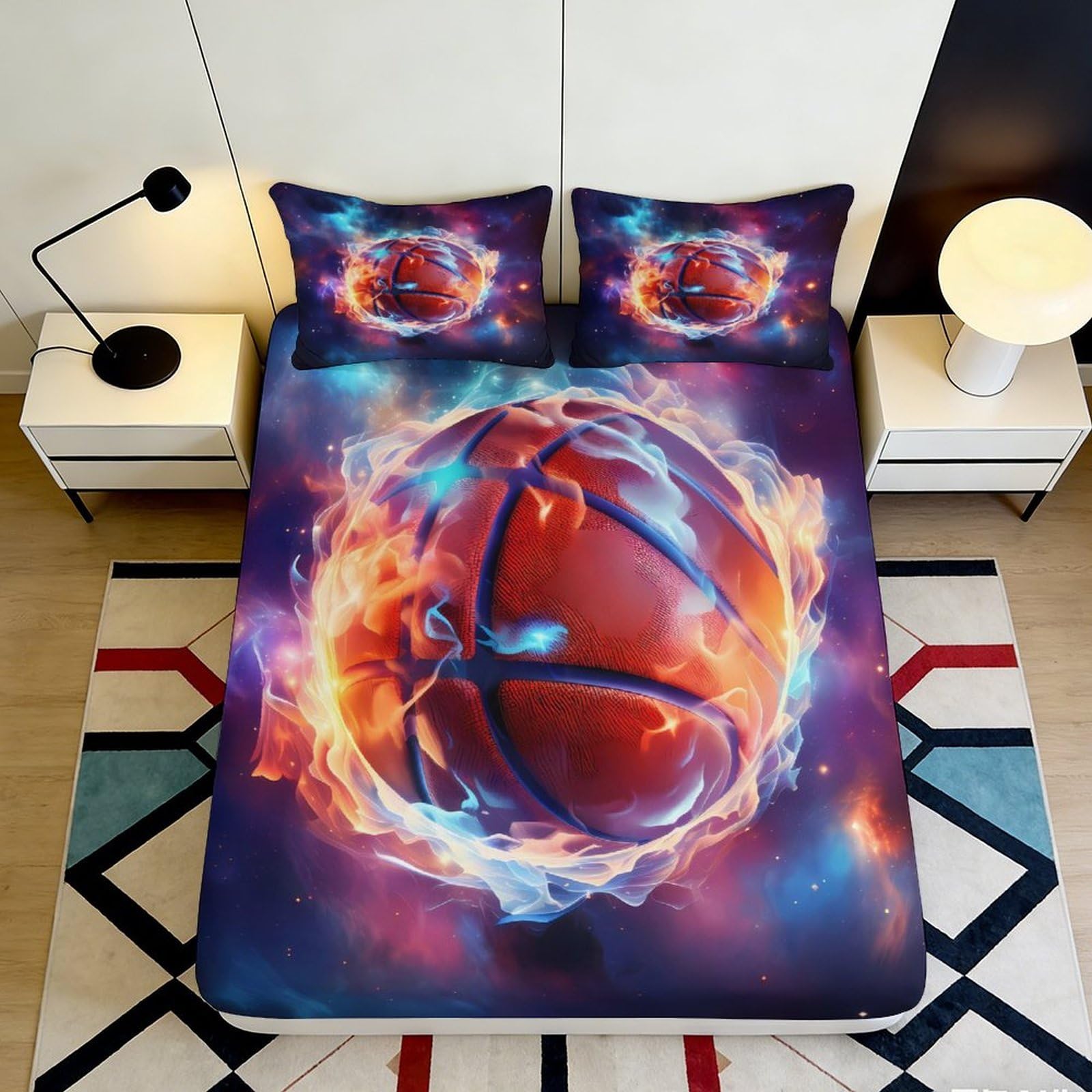 3D Printed Fiery Basketball Fitted Sheet Microfiber Soft Breathable Cosmic Flames Bed Cover for Bedroom Guest Room Decor 180x200x25cm