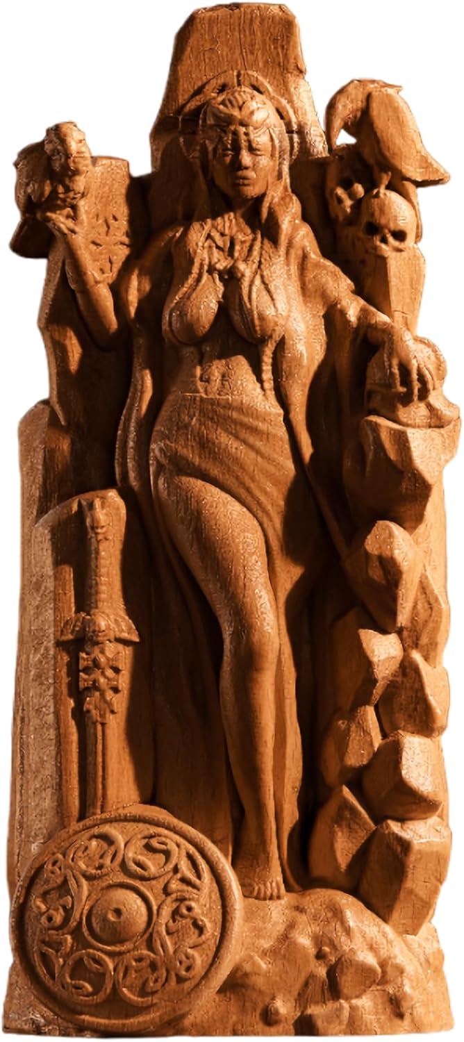 Wooden Morrigan Goddess Carving, War & Fate Pagan Altar Decor, 3.5×1.5×9 in (Wood)