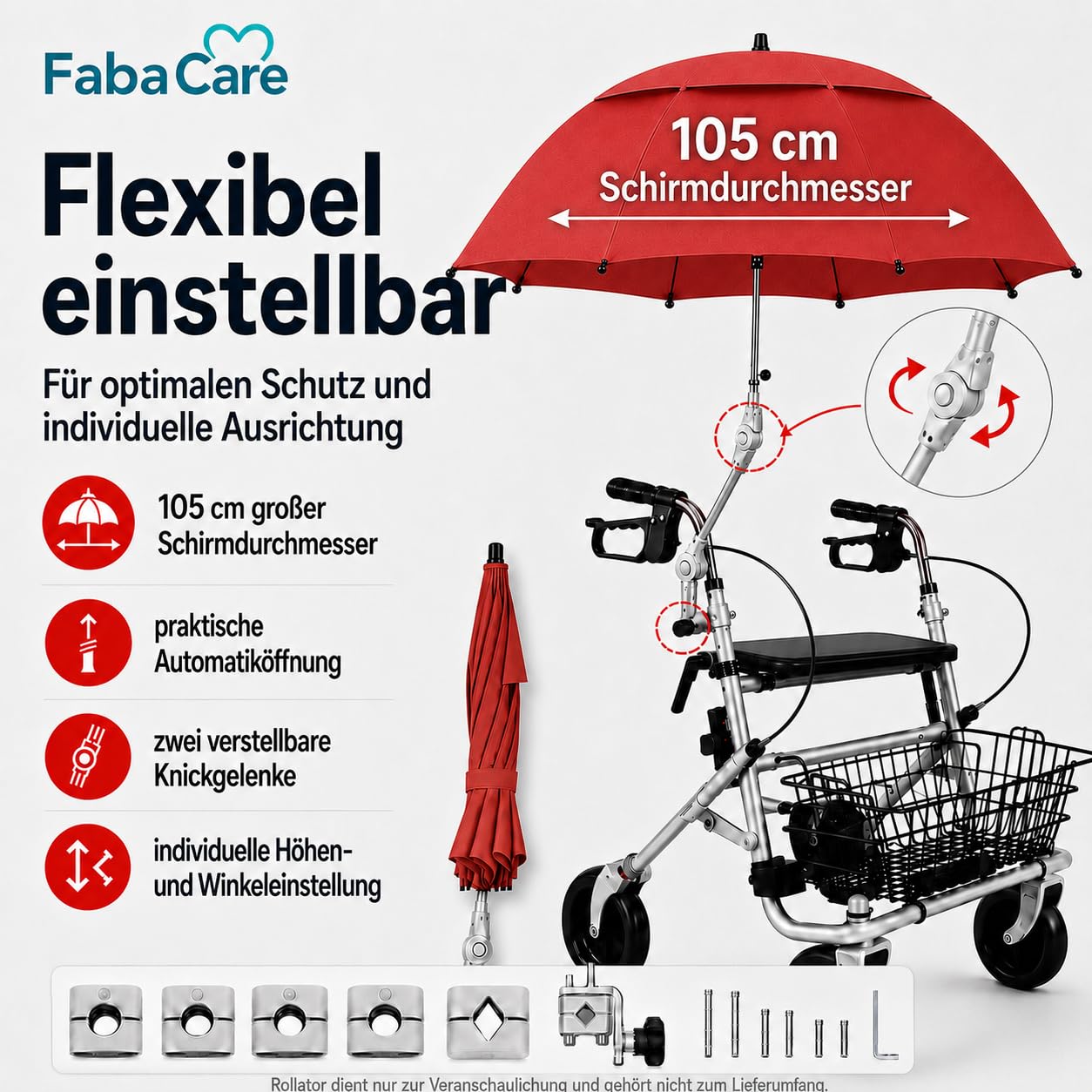 FabaCare Rollatorschirm Protektor 2.0 – Air-Vent Modell 2026 (Doppeldachsystem) – windstabiler Regenschirm & Sonnenschirm mit Halterung für Rollatoren – passend für Rundrohre & Ovalrohre, Rot