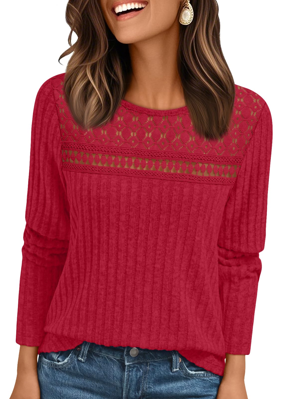 Womens Lace Long Sleeve Shirt Fall Top Fashion Dreesy Casual Tunic Sweaters Mesh Clothes Trendy Work Cute Outfits-image-13